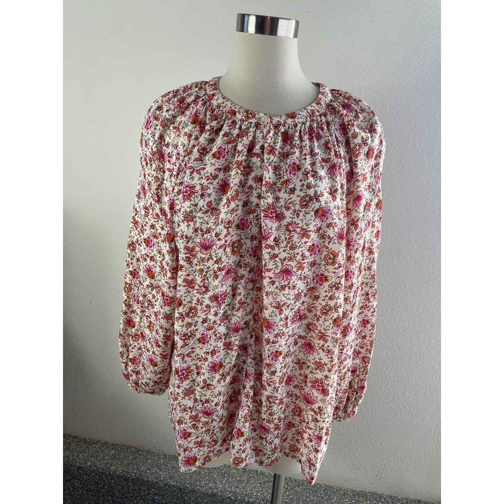 Old Navy Womens XL Floral Button Down Blouse Pink Orange Long Sleeve Peasant Top